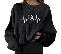 Womens Casual Long Sleeve Round Neck Sweatshirts Heartbeat Prints Loose Top (a-Black, M) Womens Hoodies Size 14 Hoodie Zip Gifts for Women Birthday Unique Essentials Womens Clothes Sale Clearance