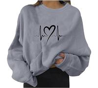 Womens Casual Long Sleeve Round Neck Sweatshirts Heartbeat Prints Loose Top (j-Grey, L) Knitted Hoodie Womens Pink Jumper 18Th Birthday Gifts for Girls Festival Essentials Sale Clearance