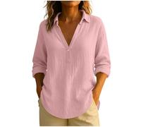 Womens Casual Long Sleeve Tops UK Cotton Linen V Collar Shirts Solid Color Button Down Pullover Lightweight Comfy Loose Fit Clothes Going Out Office Work Tunic Streetwear 2025 Pink