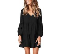 Womens Casual Loose Dress V Neck Ruffle Long Sleeve Pleated Midi Dress Elegant Ruched Polka Dot Solid Color Shirt Dress Swing Tunic Dress for Ladies Black