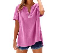 Women's Casual Loose Fit Short Sleeve V Neck Blouse, Half Placket Button Detail Lightweight Polyester Blend Top, Curved Hem Relaxed Comfy Shirt for Beach Summer Daily Vacation Outings Hot Pink