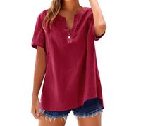 Women's Casual Loose Fit Short Sleeve V Neck Blouse, Half Placket Button Detail Lightweight Polyester Blend Top, Curved Hem Relaxed Comfy Shirt for Beach Summer Daily Vacation Outings Wine