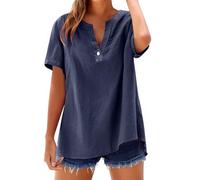 Women's Casual Loose Fit Short Sleeve V Neck Blouse, Half Placket Button Detail Lightweight Polyester Blend Top, Curved Hem Relaxed Comfy Shirt for Beach Summer Daily Vacation Outings Navy