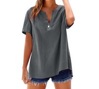 Women's Casual Loose Fit Short Sleeve V Neck Blouse, Half Placket Button Detail Lightweight Polyester Blend Top, Curved Hem Relaxed Comfy Shirt for Beach Summer Daily Vacation Outings Dark Gray