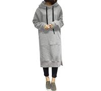 Womens Casual Loose Hoodie Sweatshirt Dress Long Sleeve Solid Color Pullover Maxi Dress Light Gray