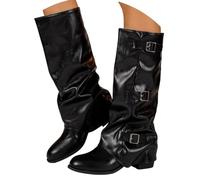 Women's Casual Loose Knee High Boots with Round Toe Pull-On Style for Riding or Biker with Lapel and Low Heel and Wide Platform Type for Modern Urban Style