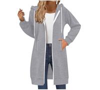 Women's Casual Loose Long Solid Color Sweatshirt - Pocket Long Sleeve Two-Way Zipper Hooded Tops, Beautiful Ladies Fashion Warm Coat