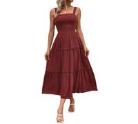 Womens Casual Loose Plain Maxi Sundress Square Neck A-line Sleeveless Summer Beach Tiered Long Tank Dresses S Wine Red