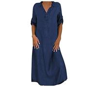 Womens Casual Maxi Dress V Neck Pleat Back Long Sundress Roll up Sleeve Collared Shirt Dress Summer Loose-Fit Slit Side Dresses for Ladies UK My Orders Sale Clearance 2025 Dark Blue