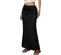 Women's Casual Midi Skirt with High Waist, Drawstring and Elastic Waist and Slit on the Back for Daily Vacation in Spring and Summer, Plain Basic Skirt, black, M