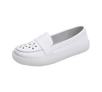 Women's Casual Nurse Shoes, Lightweight Comfortable Hollow Out Breathable Slip-On Leather Working Nurse Shoes, Buffer Wipeable Nonslip Hospital Flat, Ideal for Healthcare Crews(6 UK) White