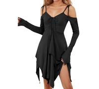 Women's Casual Off Shoulder Renaissance Fairy Dress V Neck Tiered A Line Flowy Wrap Gothic Halloween L Black