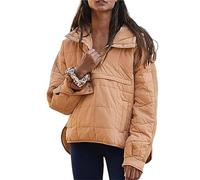 Women's Casual Oversized Padded Puffer Jacket Quilted Hoodies Pullovers Snap Buttons Long Sleeve Lightweight Warm Coat Khaki