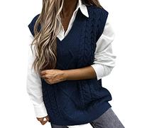 Womens Casual Oversized V-Neck Sweater Vests Vintage Sleeveless Jumper Tops Cable Knitted Knitwear Waistcoat Navy Blue