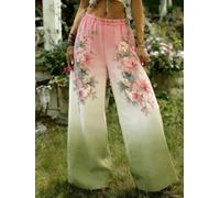 Women's Casual Palazzo Pants, Pink-White-Green Ombre with Floral Details