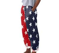 Womens Casual Pants Going Out Summer Silky Elastic Women's Casual Independence Day American Flag Prints Pants Baggy Elastic Waist Trouser Wide Leg Pant with Pocket Fashion High Straight (Blue, XXL)