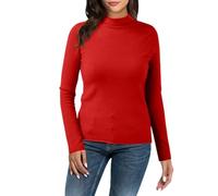 Women's Casual Plain Floor Forming Shirt Slim High Collar Knitted Long Sleeve Top, red, L