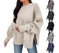 Women's Casual Pullover UK Sale Clearance Ladies Plain Oversized Sweatshirts Crewneck Jumpers Long Sleeve Tops Side Split Sweatshirt with Thumb Holes Baggy Sweaters Loose Blouse Lightweight Jumper