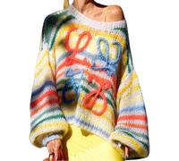 Women's Casual Rainbow Striped Sweater Y2K Fashion Bat Sleeve Crochet Loose Sweet Sweater Women's Retro Lightweight Breathable Knitted Round Neck Sweater