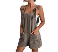 Women's Casual Romper Bib Solid Tank Overalls Shorts Solid Color Sleeveless Adjustable Strap Loose Cotton Linen Wide Leg Loose Short Playsuit with Pockets Ladies Straight Leg Baggy Jumpsuits Trousers