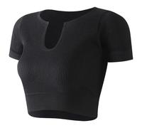 Women's Casual Sexy Notch Neck Crop Tops Short Sleeve Fitted Workout Top Ribbed Seamless Athletic Tight T-Shirts Y2k Going Out Tops Yoga Fitness No Steel Ring Beautiful Back