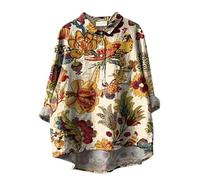 Womens Casual Shirts Long Sleeve Printed Blouses Flower Pattern Printed Women's Lapel Neck Casual Cotton and Linen Long Sleeve Shirt Features: Suit Shirts for Women Adult Cuffed (Hot Pink, XL)