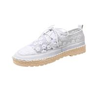 Women's Casual Shoes Elegant Women Lace Fabric Shoes Flat Platform Shoes Low Cut Embroidered Trainers Laces Wedding Shoes Autumn Low Shoes Breathable Sports Shoes Linen Sole Trainers, White, 7 UK