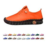 Women's Casual Shoes, Leather Hiking Shoes, Handmade Leather Shoes, Flat Sole Walking Shoes, Plain Fitness Shoes with Laces, Low Shoes, Breathable Slip-On Shoes, Comfortable Outdoor Shoes, orange, 5