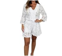 Women's Casual Short Lace Suit V-Neck 3/4 Flared Sleeve Lace Tops and Shorts 2 Piece Trouser Suit Short Sexy Embroidery Hollow Party Outfits Crochet Co Ord Sets Elegant Work Outfits UK Sale Clearance