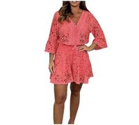 Women's Casual Short Lace Suit V-Neck 3/4 Flared Sleeve Lace Tops and Shorts 2 Piece Trouser Suit Short Sexy Embroidery Hollow Party Outfits Crochet Co Ord Sets Elegant Work Outfits UK Clearance