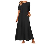 Women's Casual Short Sleeve Crew Neck Maxi T-Shirt Dress Basic Solid Color Loose Fit Long Dress with Pockets Ladies Summer Loungwear Nightdress Black