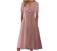 Women's Casual Short Sleeve Dresses Summer Midi Dress Solid Cotton Linen Dress with Pockets Boho Long Dresses Calf Length Loose Fit Pullover Dress Vacation Elegant Dress Baggy Dress for Ladies Pink