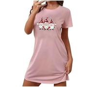 Womens Casual Short Sleeve Nightdress Pajamas, Short Pattern Printed Merry Christmas Nightdress, Round Neck Comfortable Pullover Sleep Shirts Pink