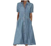 Women's Casual Short Sleeve V-Neck Mid-Length Denim Dress A-Line Pleated Short Midi Dress Solid Color Loose Dresses Comfy Summer Vacation Dress Cover Ups with Pockets
