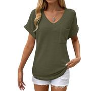 Women's Casual Short Sleeve Waffle Knit Tunic Tops V Neck Solid Pullover Basic Shirts with Pockets for Summer, Army Green, S