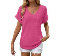 Women's Casual Short Sleeve Waffle Knit Tunic Tops V Neck Solid Pullover Basic Shirts with Pockets for Summer, Rose Red, XXL