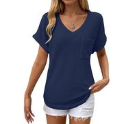 Women's Casual Short Sleeve Waffle Knit Tunic Tops V Neck Solid Pullover Basic Shirts with Pockets for Summer, Dark Blue, S