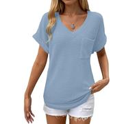 Women's Casual Short Sleeve Waffle Knit Tunic Tops V Neck Solid Pullover Basic Shirts with Pockets for Summer, Sky Blue, S