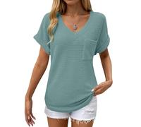 Women's Casual Short Sleeve Waffle Knit Tunic Tops V Neck Solid Pullover Basic Shirts with Pockets for Summer, Mint Green, S