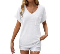 Women's Casual Short Sleeve Waffle Knit Tunic Tops V Neck Solid Pullover Basic Shirts with Pockets for Summer, White, S