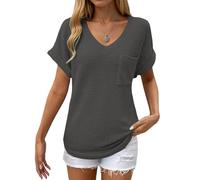 Women's Casual Short Sleeve Waffle Knit Tunic Tops V Neck Solid Pullover Basic Shirts with Pockets for Summer, Dark Grey, S