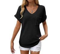 Women's Casual Short Sleeve Waffle Knit Tunic Tops V Neck Solid Pullover Basic Shirts with Pockets for Summer, Black, S