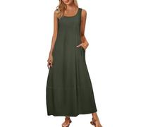 Women's Casual Sleeveless Sundress Scoop Neck Maxi Dress with Pockets Summer Boho Long Dresses Solid Color Loose Fit Pullover Dress Plus Size Tank Baggy Tunic Elegant Dresses for Ladies Army Green