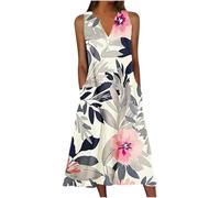 Women's Casual Sleeveless Sundress V Neck Midi Dress with Pockets Summer Boho Long Dresses Loose Fit Pullover Dress Plus Size Swing Elegant Dress Floral Print Baggy Dress for Ladies
