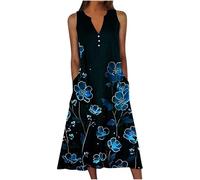 Women's Casual Sleeveless Sundress V Neck Midi Dress with Pockets Summer Boho Long Dresses Loose Fit Pullover Dress Plus Size Swing Elegant Dress Floral Print Baggy Dress for Ladies