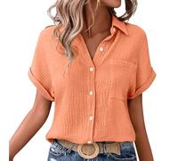 Women's Casual Solid Color Double Layer Crinkle Button Down Shirt Batwing Sleeve with Pocket Loose Fit Tops for Work Office & Everyday Wear, Blouse for Women, Plus Size S-XXL (Orange,L)