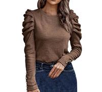 Women's Casual Solid Color High Elastic Crew Neck Slim Fit Puff Sleeve Long Sleeve Top Glitter Blouses, coffee, L