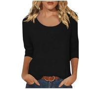 Women's Casual Solid Color Print Neck Low Cut 3/4 Sleeve T Shirt Top Burnout Tee Women Black