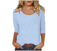 Women's Casual Solid Color Print Neck Low Cut 3/4 Sleeve T Shirt Top Burnout Tee Women Light Blue