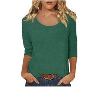 Women's Casual Solid Color Print Neck Low Cut 3/4 Sleeve T Shirt Top Crop Shirt Woman Dark Green